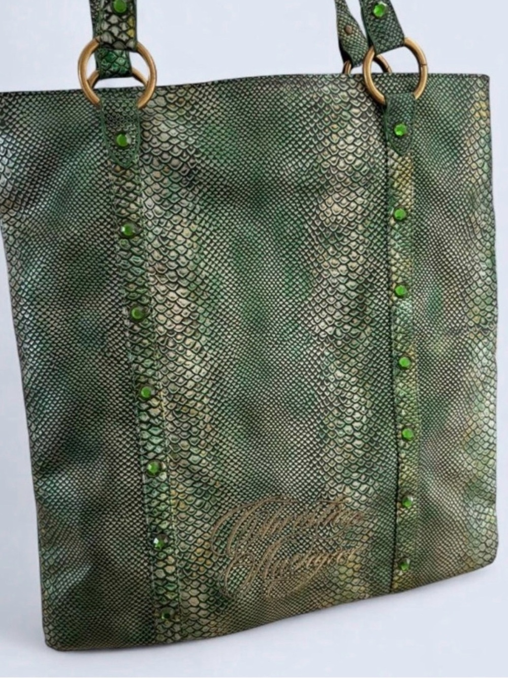 RARE Christian Audigier Emerald Metallic Snakeskin Tote Bag Rhinestone Y2K - Picture 3 of 8